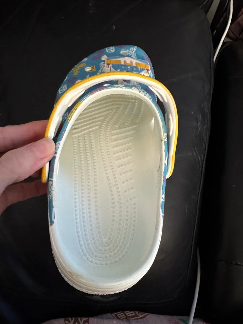 CROCS Kids Blue Castle Print Clogs with Yellow Strap